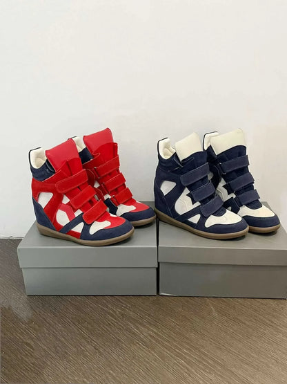 Women's Ankle Boots 2026 New Genuine Leather 8CM Hidden Heel Women Platform Sneakers Fashionable Splice Color Design Women Shoes