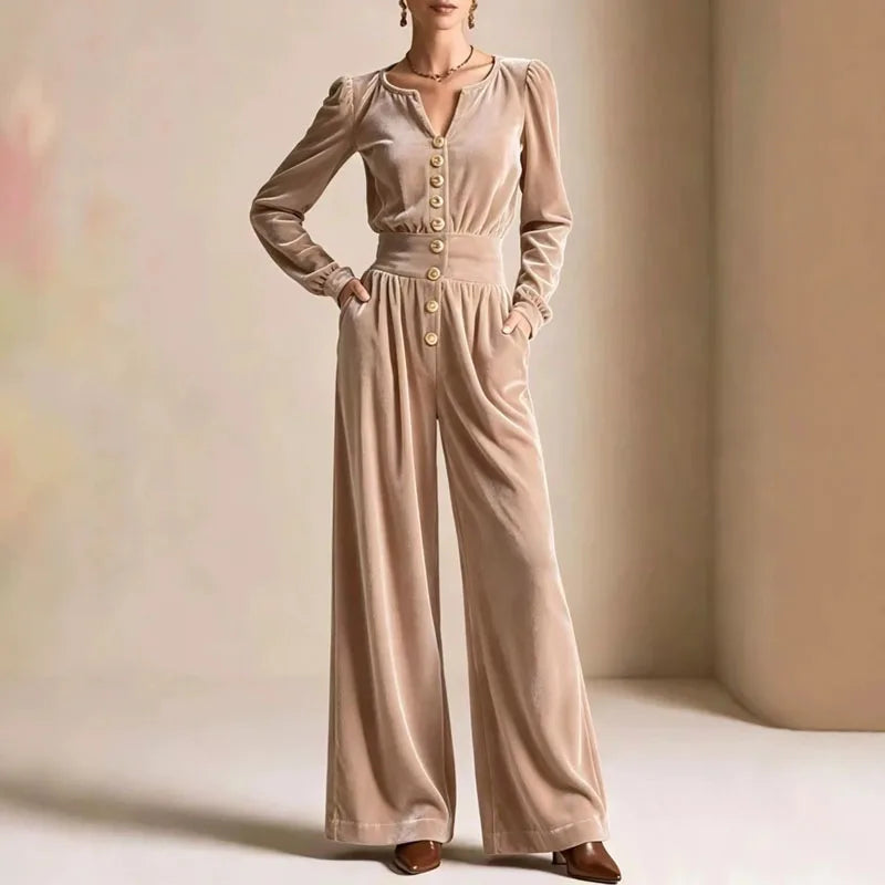 Elegant Solid Corduroy Overalls Ladies Notched V-Neck Long Sleeve Buttons Elastic Waist Romper New Autumn Casual Party Jumpsuits