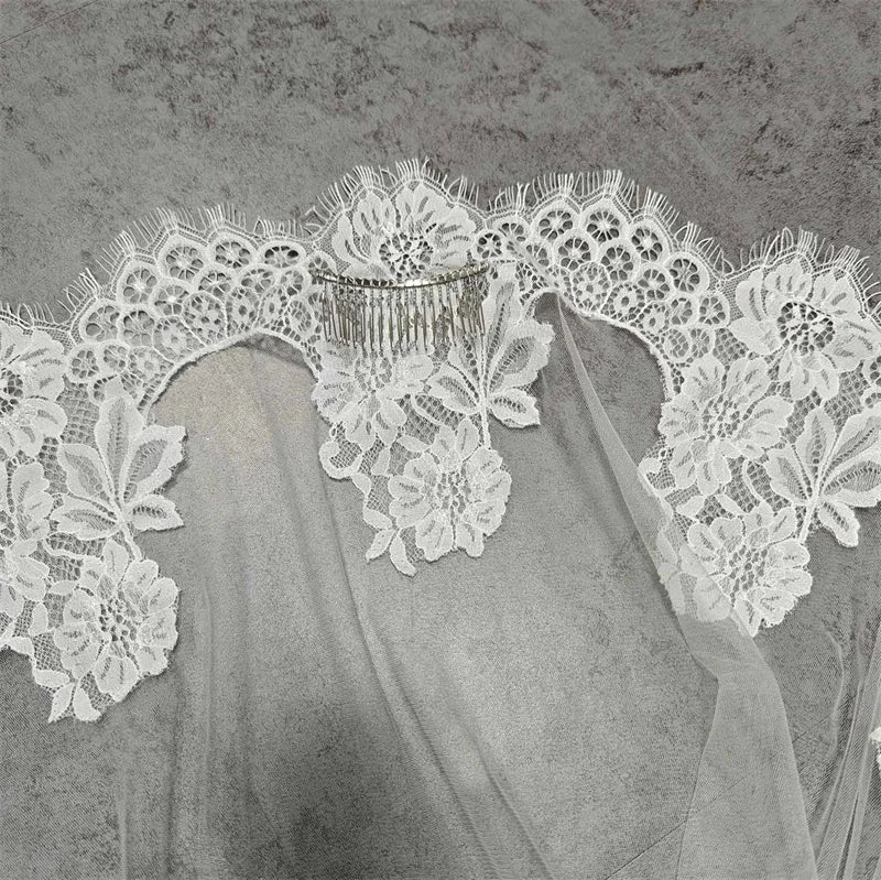 Customized Mantilla Wedding Veil with Eyelash Lace, 2.5m/3m/3.5m/4m Single Tier Long Ivory Bridal Veil with Hidden Comb
