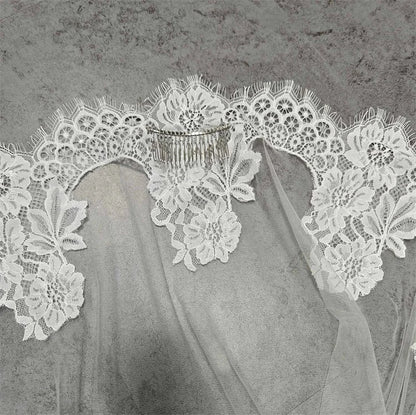 Customized Mantilla Wedding Veil with Eyelash Lace, 2.5m/3m/3.5m/4m Single Tier Long Ivory Bridal Veil with Hidden Comb