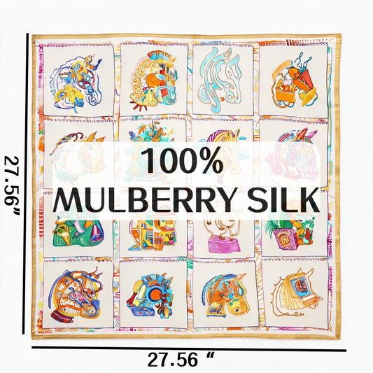100% Mulberry Silk Satin Scarf for Women Colorful Abstract Horse Pattern Square Neck Scarf Multi Use as Headband Bag Decoration