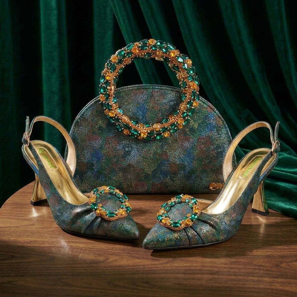 Multicolor Glitter Rhinestone Ring Handle Evening Clutch And Women High Heels Shoes Set Wedding Party Matching Bag