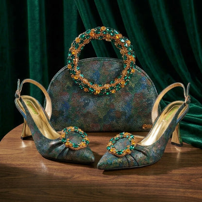Multicolor Glitter Rhinestone Ring Handle Evening Clutch And Women High Heels Shoes Set Wedding Party Matching Bag