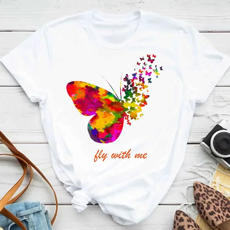 New Fashion Women T-shirt Colorful Butterfly Petal Print Short Sleeve and Round Neck Cute Graphic Tee Shirts Female Tops Clothin