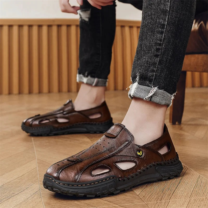 Men Sandals New Hollow Leather Casual Comfortable Trendy Beach Shoes Outdoor Walking Non Slip Bag Toe Walking Shoes for Men