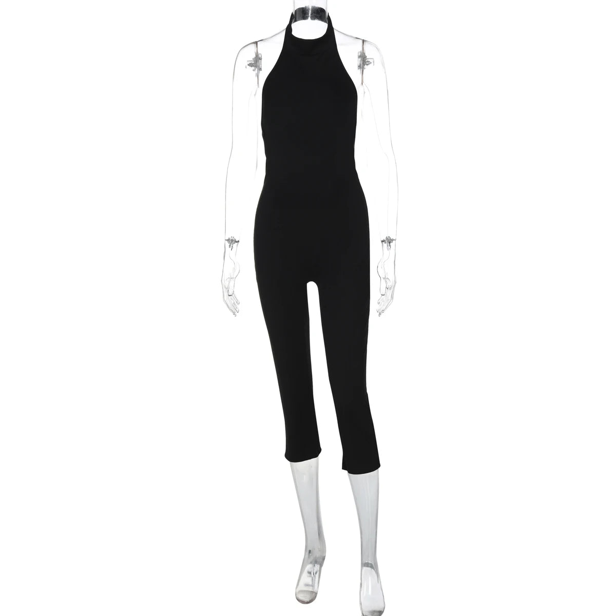 Hugcitar Ribbed Halter Backless Solid Button Sexy Bodycon Skinny Jumpsuit Summer Women Fashion Vacation Romper Streetwear Club