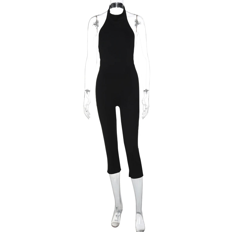Hugcitar Ribbed Halter Backless Solid Button Sexy Bodycon Skinny Jumpsuit Summer Women Fashion Vacation Romper Streetwear Club