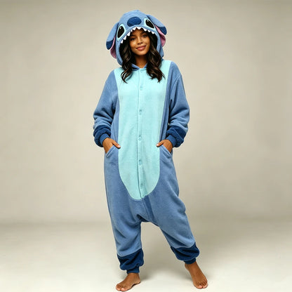Soft Polar Fleece Stitch Hooded One Piece Pajamas Unisex Button Closure Long Sleeve Loose Onesie Nightwear Indoor Loungewears