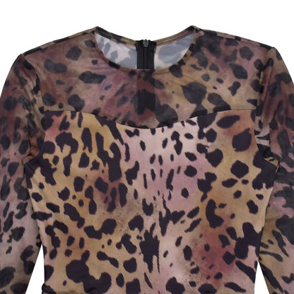 Sexy Bodycon Jumpsuits Women Clothes Leopard Mesh Print Semi Perspective Jump Suit Long Sleeve Bodysuit Nightclub Club Clothes