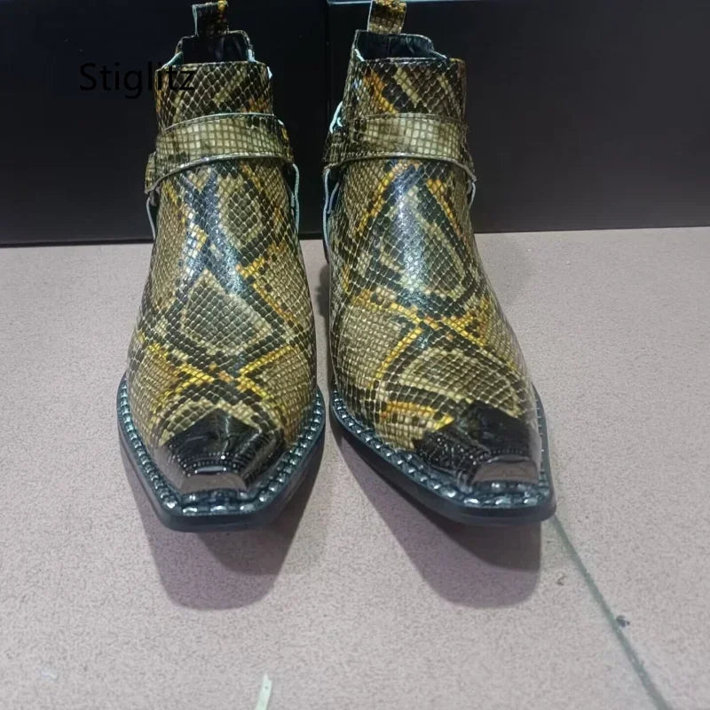 Buckle Strap Snakeskin Ankle Boots for Men High Heels Slip On Genuine Leather Work Boots Metal Decor Chelsea Boots Men's Shoes