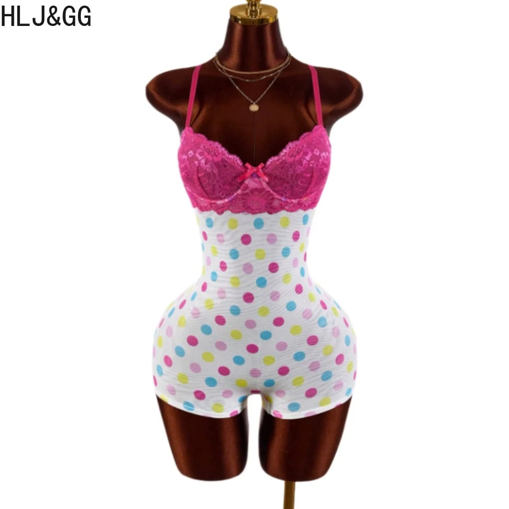 HLJ&GG Sexy Polka Dot Print Lace Splicing Bodycon One Piece Rompers Women Spaghetti Strap Sleeveless Backless Jumpsuits Street