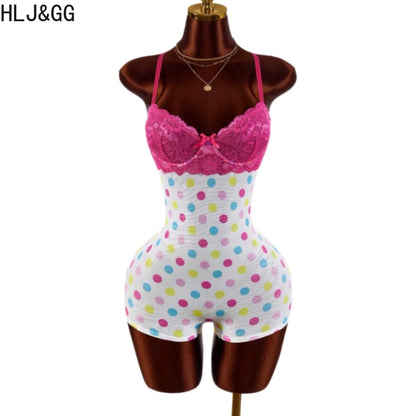 HLJ&GG Sexy Polka Dot Print Lace Splicing Bodycon One Piece Rompers Women Spaghetti Strap Sleeveless Backless Jumpsuits Street