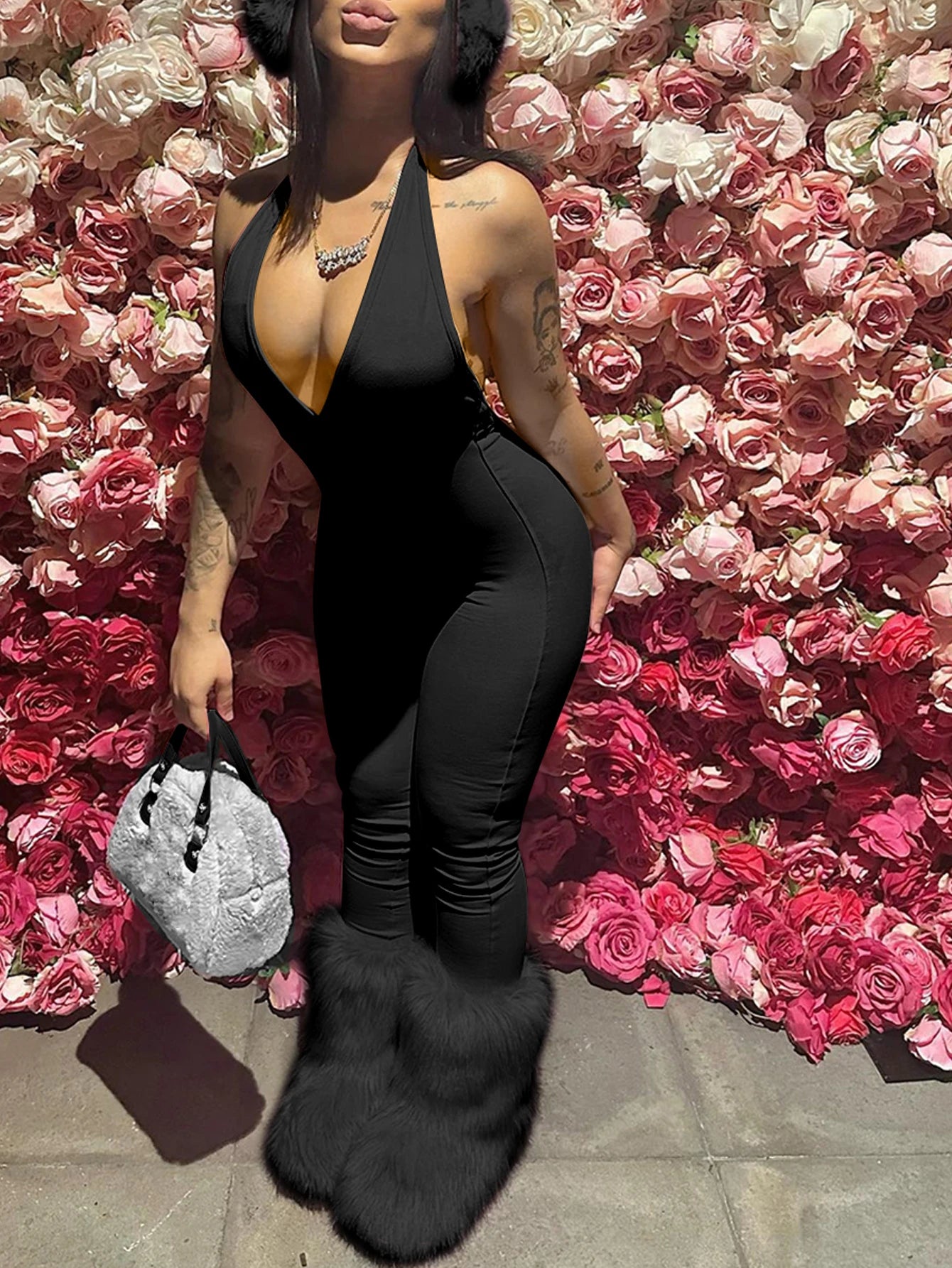 Women's solid color deep V-neck hanging neck jumpsuit sexy pleated backless slim fit jumpsuit