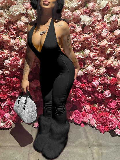 Women's solid color deep V-neck hanging neck jumpsuit sexy pleated backless slim fit jumpsuit