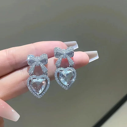 Exquisite Pink Heart Shape Bowknot Stud Earrings For Women Shining CZ Zircon Love Earring Wedding Party Temperament Jewelry