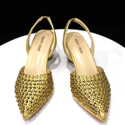 Elegant Multicolor Rhinestone Slingback Heels & Bucket Bag Set Luxury Crystal Matching Kit for Wedding Party Evening Bridal Form