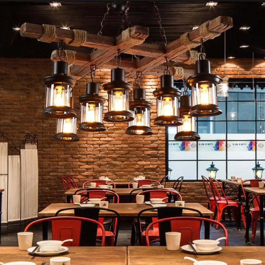 8 Lights Retro Wood Pendant Lights 8 Head Vintage Industrial Loft Glass Iron LED Chandelier Suspension Lamp Wooden Droplight