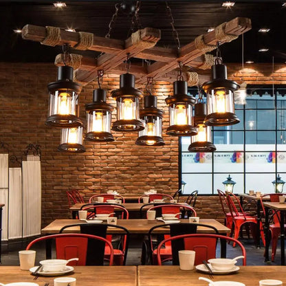 8 Lights Retro Wood Pendant Lights 8 Head Vintage Industrial Loft Glass Iron LED Chandelier Suspension Lamp Wooden Droplight