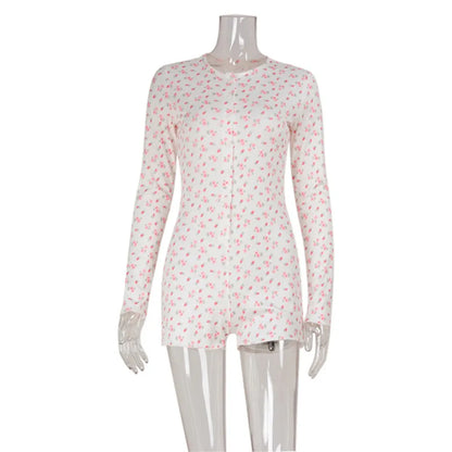 Women's Clothing Long Sleeve Floral Printed Jumpsuit Sexy Slim Home Wear Pajamas Fashion Round Simple Style Comfortable Trendy