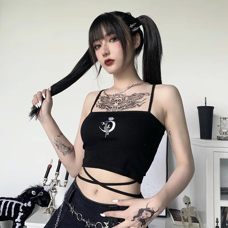 Gothic Women's Print Suspender Sleeveless Square Neck Slim Crop Top Sexy Halter Bottoming Shirt 2022 Girls Party Wear