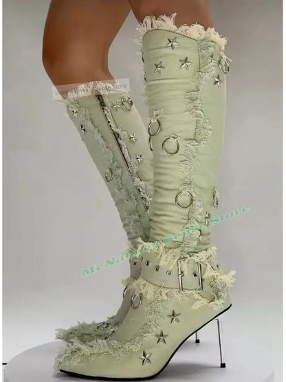 Cotton Fabric Stars Boots Pointy Toe Solid Metal Thin High Heels Buckles Straps Boots Knee High New Style Women Shoes Autumn