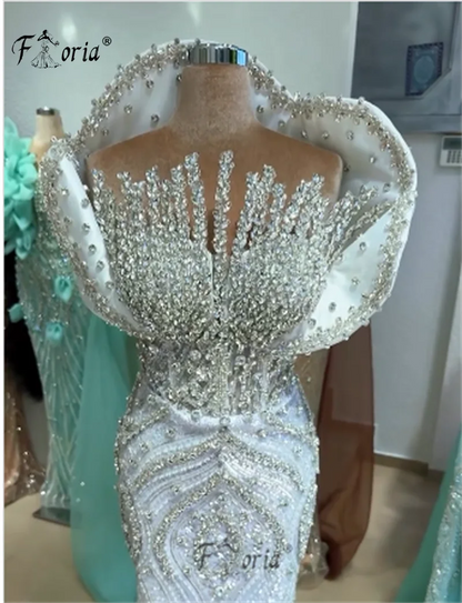 Luxury White Crystal Beaded Mermaid Wedding Dresses with Wrap Heavy Handmade Dubai Woman Formal Party Robe De Mariee Customized
