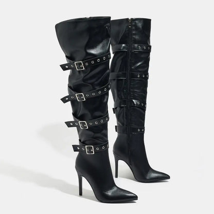 Fashion Belt Buckle Sexy Pointy Toe Over-the-knee Boots Women 10.5CM Stiletto Heels Black Thigh-high Nightclub Club knight Shoes