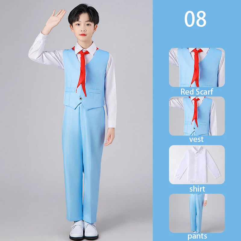 Girls Preppy Style Pleated Jumper Dress Headdress + Bow Tie Pants Suit Children Choir Poetry Performance Fashion School Uniform