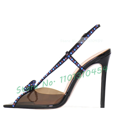 Crystal Bow Slingback Sandals Women Sweet Luxury See-through Pvc High Heels Shoes Summer Peep Toe Elegant Party Clear Pumps