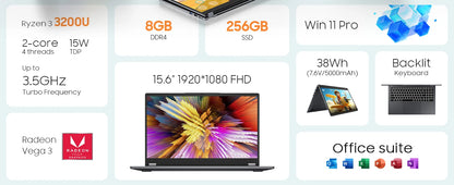 2 in 1 Laptop Computer,15.6" 8GB 256GB Touchscreen , AMD Ryzen R3 3200U, Radeon Vega 3, 1920x1080 FHD Display Blacklit Keyboard