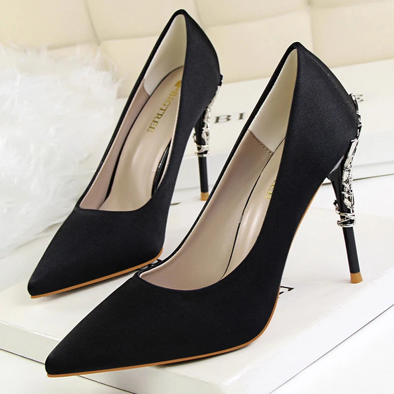 Women Luxury Metallic Decoration Heel Wedding Shoes Lady Trendy 10cm High Heels Pointed Toe Shoes Female Premium Gray Shoes