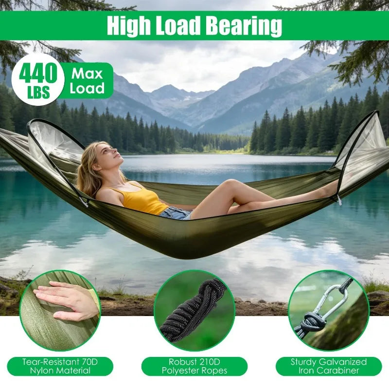 3-in-1 Camping Hammock with Automatic Pop-Up Mosquito Net, Lightweight 70D Nylon Portable Hammock Supports 440lbs, Dual Zipper Outdoor Hammock for Camping Hiking Backpacking Beach Backyard