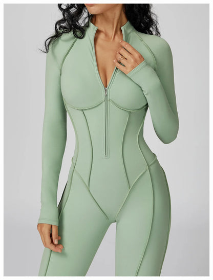 Sexy Rompers Workout Zipper Jumpsuit Long Sleeves Sports Bodysuits Women Gym Running Fitness Suits Gym Tracksuit Sportswear
