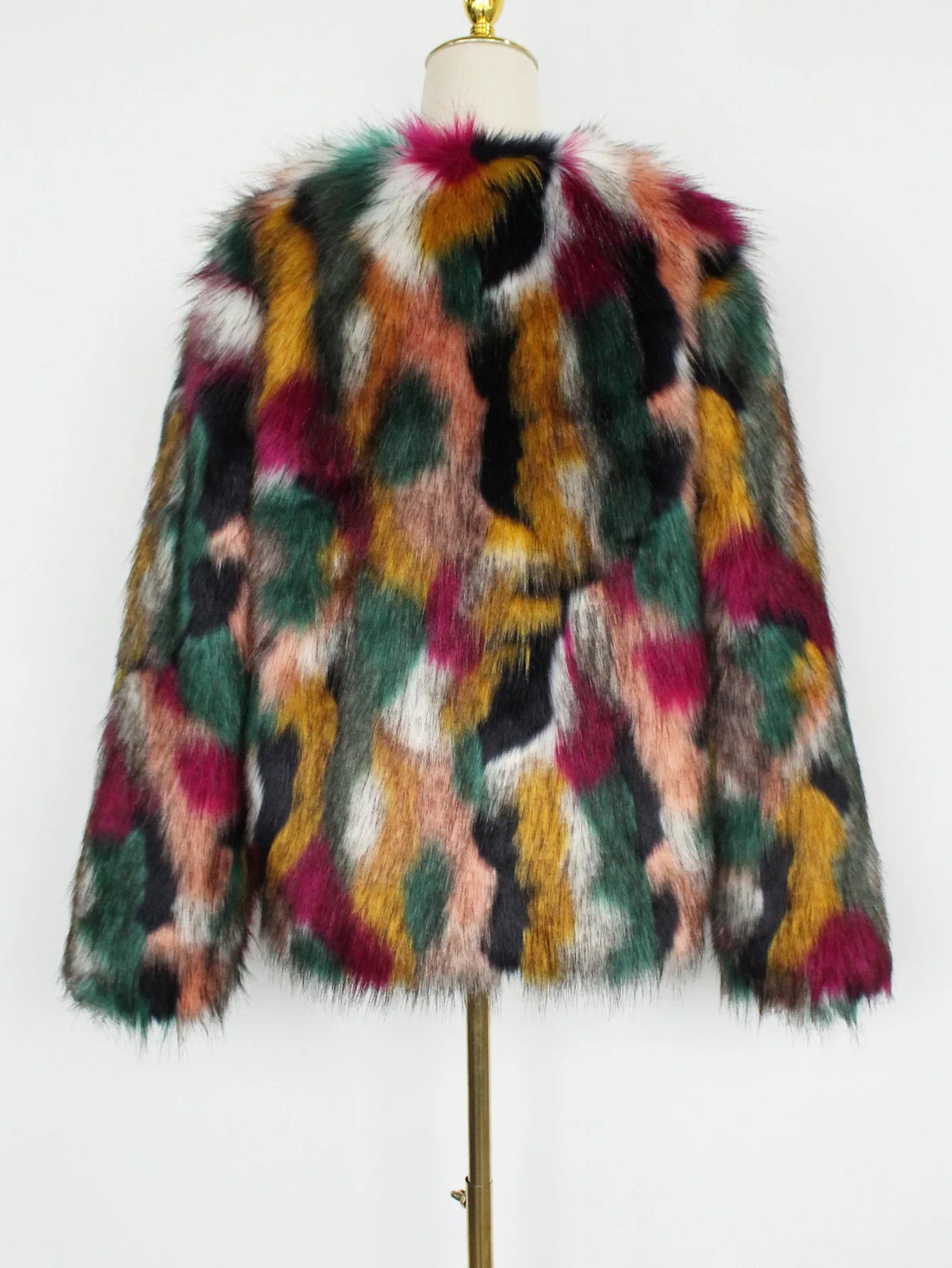 2026 Autumn Winter Color Print Faux Fur Coat Women Casual Long Sleeve Fluffy Plush Jacket O Neck Thick Fake Fur Warm Outwear