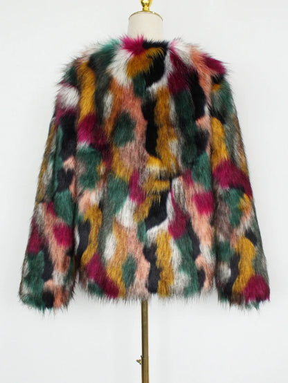 2026 Autumn Winter Color Print Faux Fur Coat Women Casual Long Sleeve Fluffy Plush Jacket O Neck Thick Fake Fur Warm Outwear