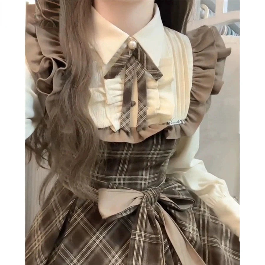 French Vintage Midi Dress Women Casual Evening Party Plaid Dress Office Lady Outwear One Piece Dress Korean Fashion Spring Chic