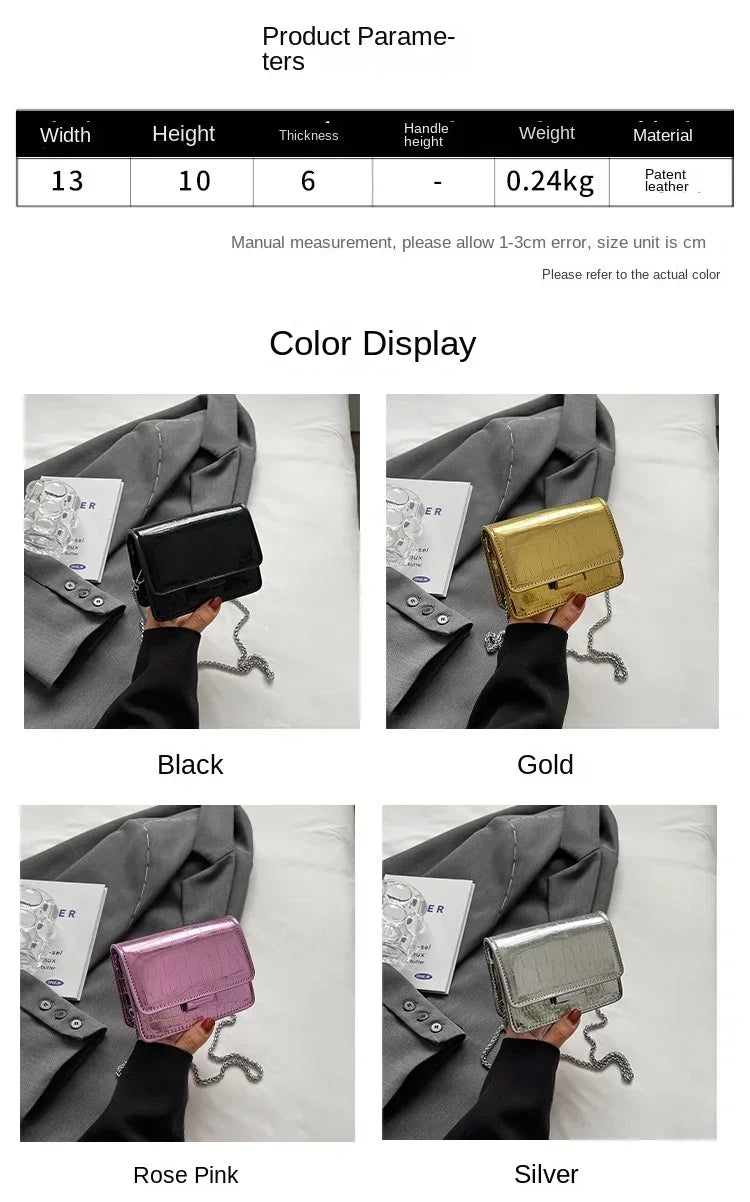 Vintage Women Silver Chic Crossbody Bag Luxury Designer Small Shoulder Bags Fashion Gold Mini Square Cute Pu Leather Handbag