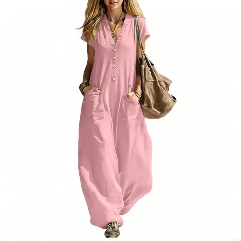Jumpsuits for Women Linen Button Short Sleeve Jumpsuits Wide Leg V Neck Rompers Vacation Clothes with Pockets 6XDA