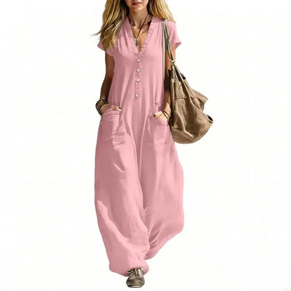 Jumpsuits for Women Linen Button Short Sleeve Jumpsuits Wide Leg V Neck Rompers Vacation Clothes with Pockets 6XDA