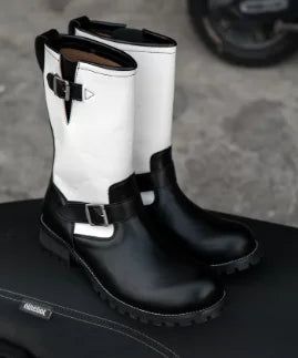 Retro Style Round Toe Belt Buckle Mid-Calf Platform Men Motorcycle Boot Chunky Middle Heels Buckle Strap Design Large Size Shoes