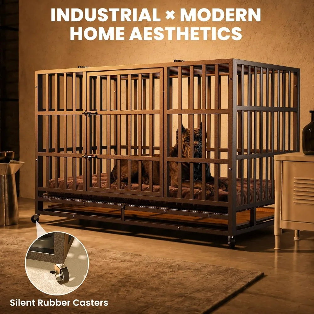 48 Inch Heavy Duty Strong Metal Dog Crate,Indestructible Escape Proof Kennel For High Anxiety Large Dogs, Custom