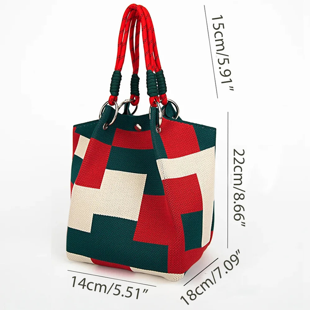 Women's Color Block Knit Tote Bag Bucket Bag Storage Bag with Adjustable Straps & Metal Rings Snap Closure for Casual Travel
