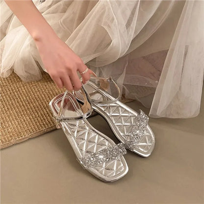 Luxury Crystal Square Toe Sandals Elegant Peep Toe Flat Slides Summer Fashionable Beach Shoes for Women