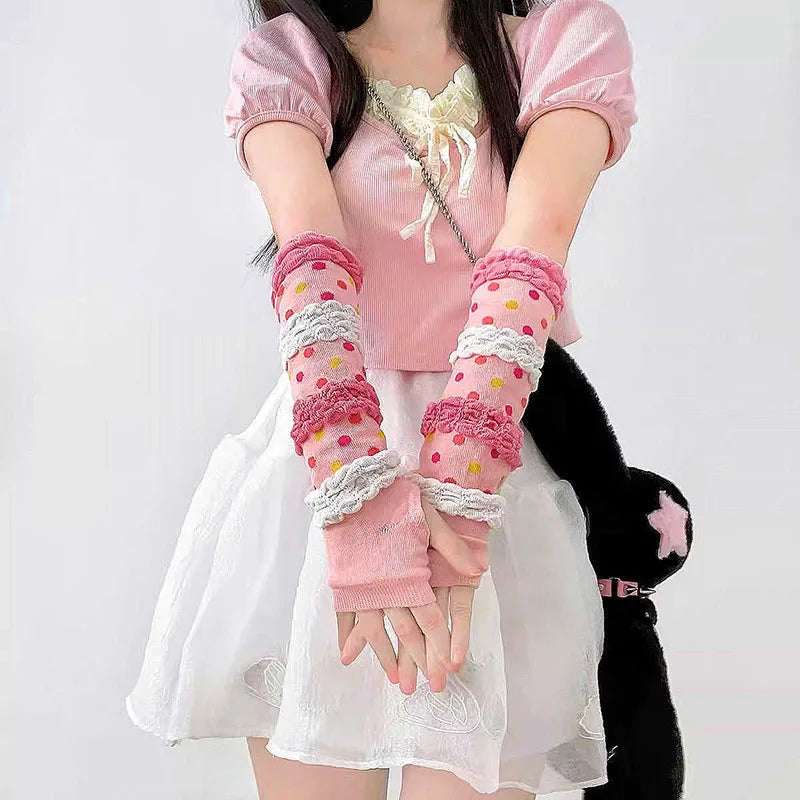 Pink Lolita Lace Bowknot Gloves Fingerless Gothic Winter Warm Sunscreen Sleeve False Sleeve Gloves Women JK Clothing Accessories