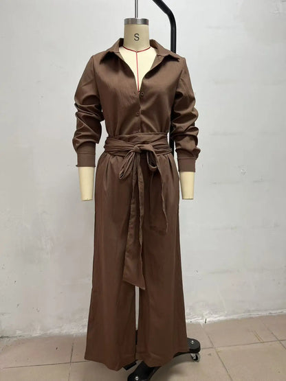 Women Brown Jumpsuit  Outfit Lapel Long Sleeve Button Shirt High Waist Belt Tie Wide Leg Pants Elegant Office Vacation Jumpsuits