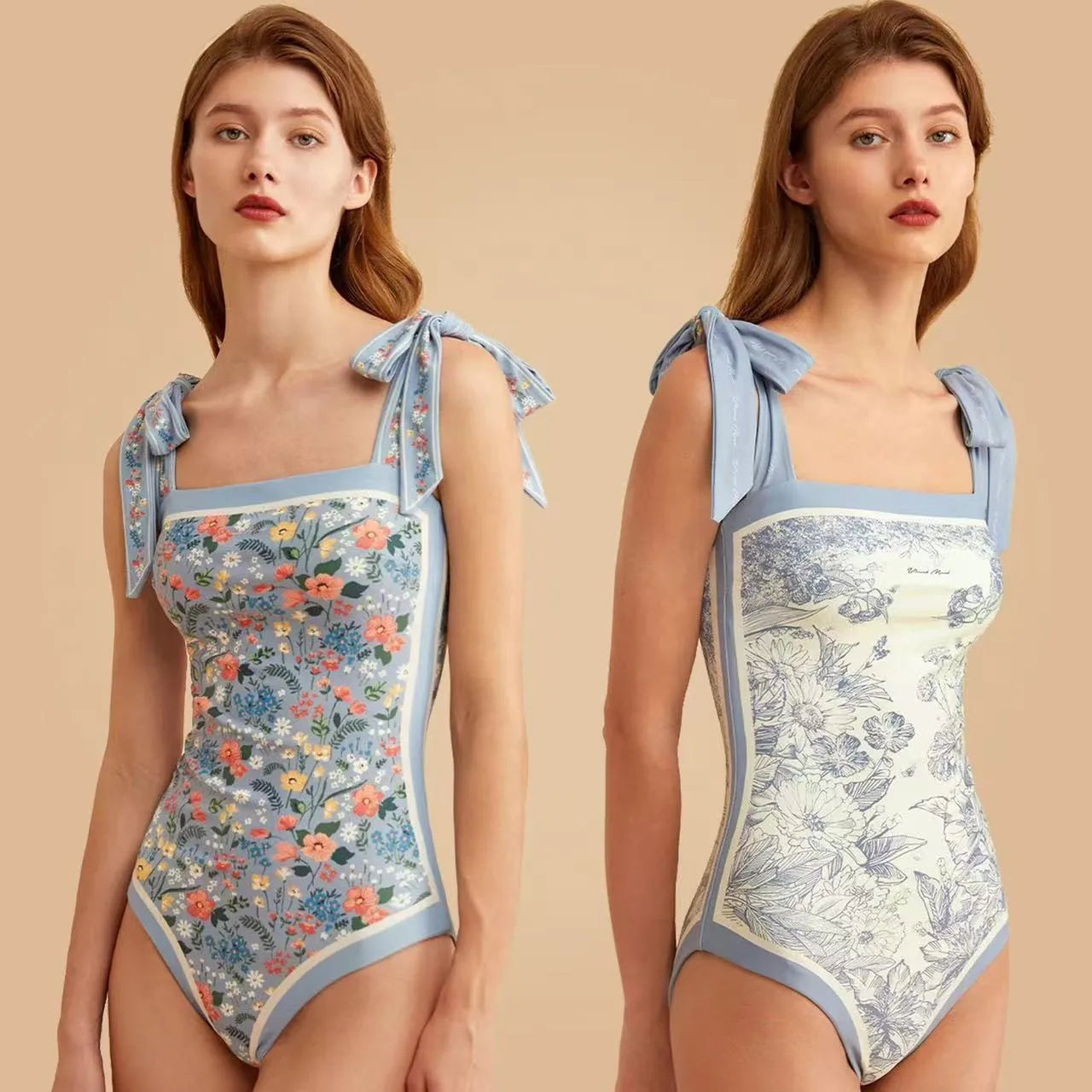 Women's Retro Double Sided Print Sweetheart Neck Tie Back Sleeveless One Piece Swimsuit Tankini Tankinis Dames Tankini Woman