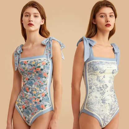Women's Retro Double Sided Print Sweetheart Neck Tie Back Sleeveless One Piece Swimsuit Tankini Tankinis Dames Tankini Woman