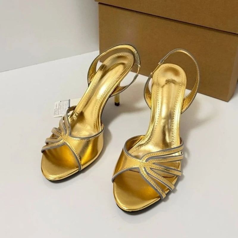 Luxury Gold High Heeled Sandals Women Summer Open Toe Hollow Ankle Strap High Heels for Ladies Elegant Wedding Bridal Shoes
