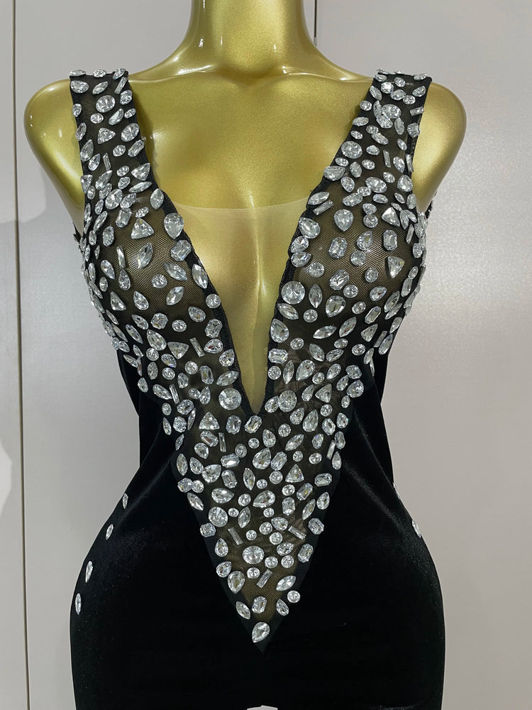 Sexy Sparkly Rhinestones Black Velvet Jumpsuit Women Performance Dance Costume Celebrate Club Luxury Birthday Party Stage Outfit