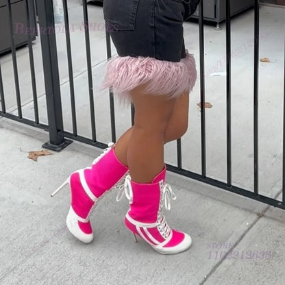 Bright Pink Knitted Canvas Boots Women White Leather Patchwork Stiletto Heel Round Calf Laces Black Yellow Striped Girls Shoe